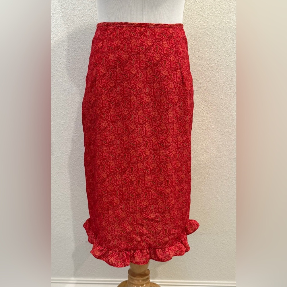 Vintage Y2K Sense Women’s Paisley Skirt Small Floral Red‎ Ruffle Straight Boho